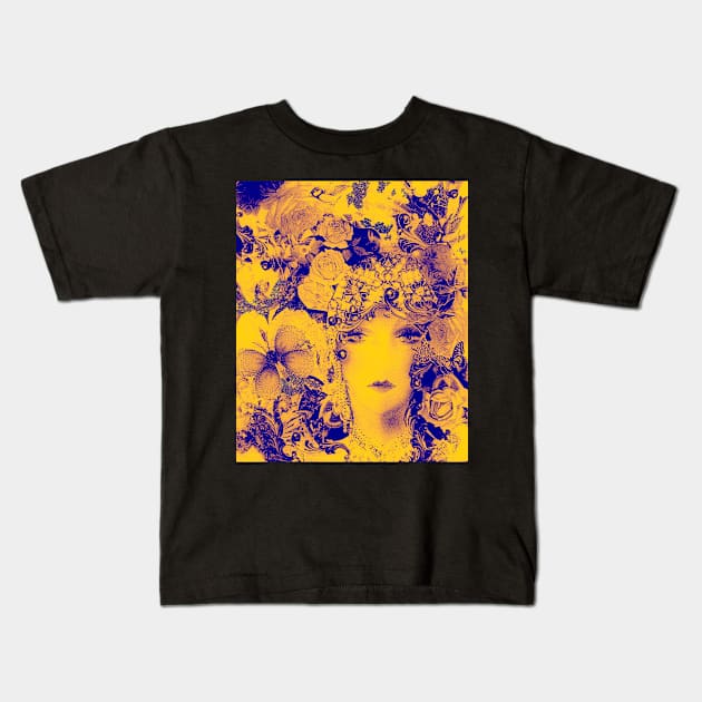 MUSTARD YELLOW AND INDIGO VIOLET ART DECO FLAPPER, BIRDS,BUTTERFLIES AND ROSES Kids T-Shirt by jacquline8689